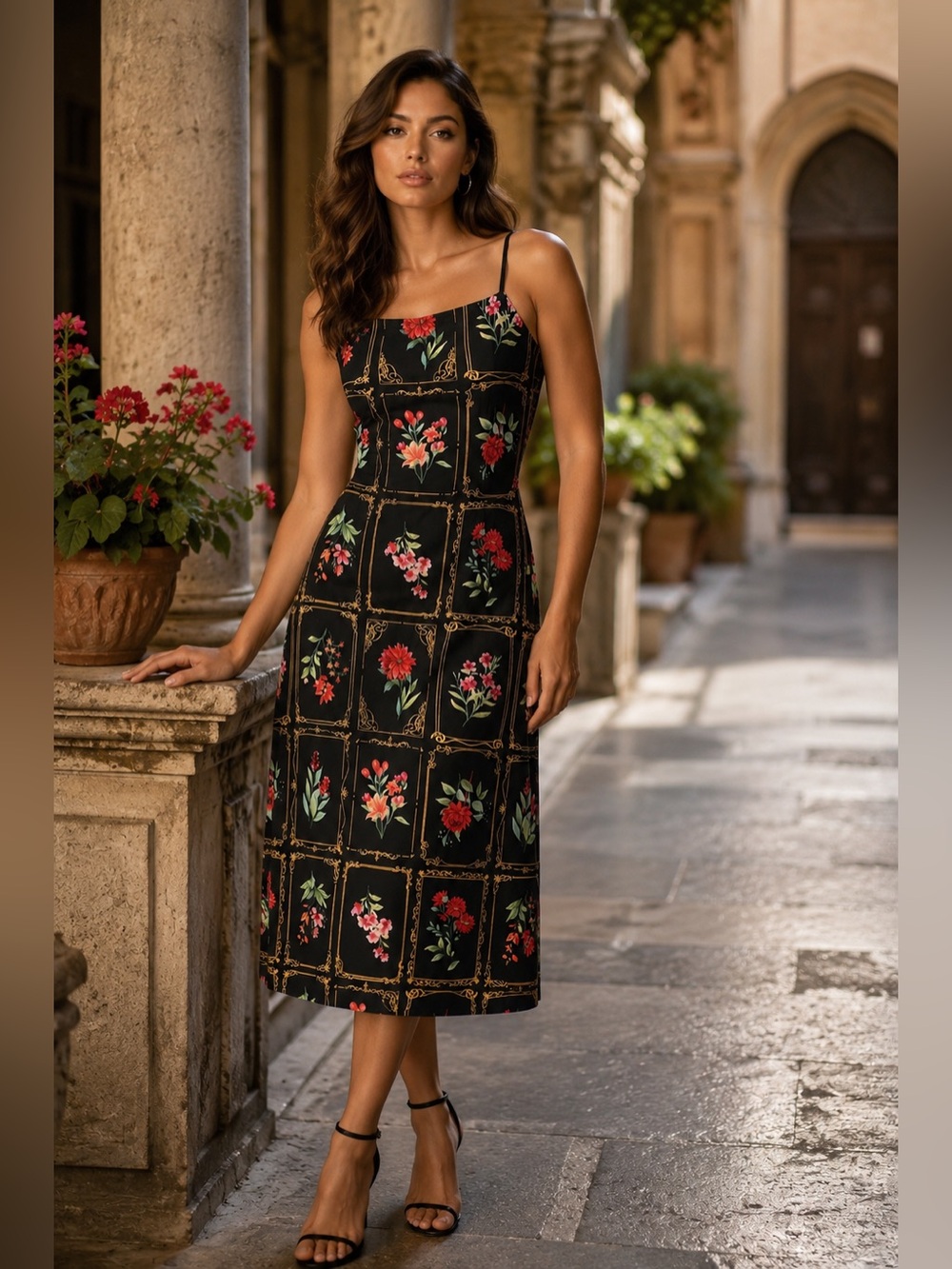 Black Floral Square-Print Midi Slip Dress